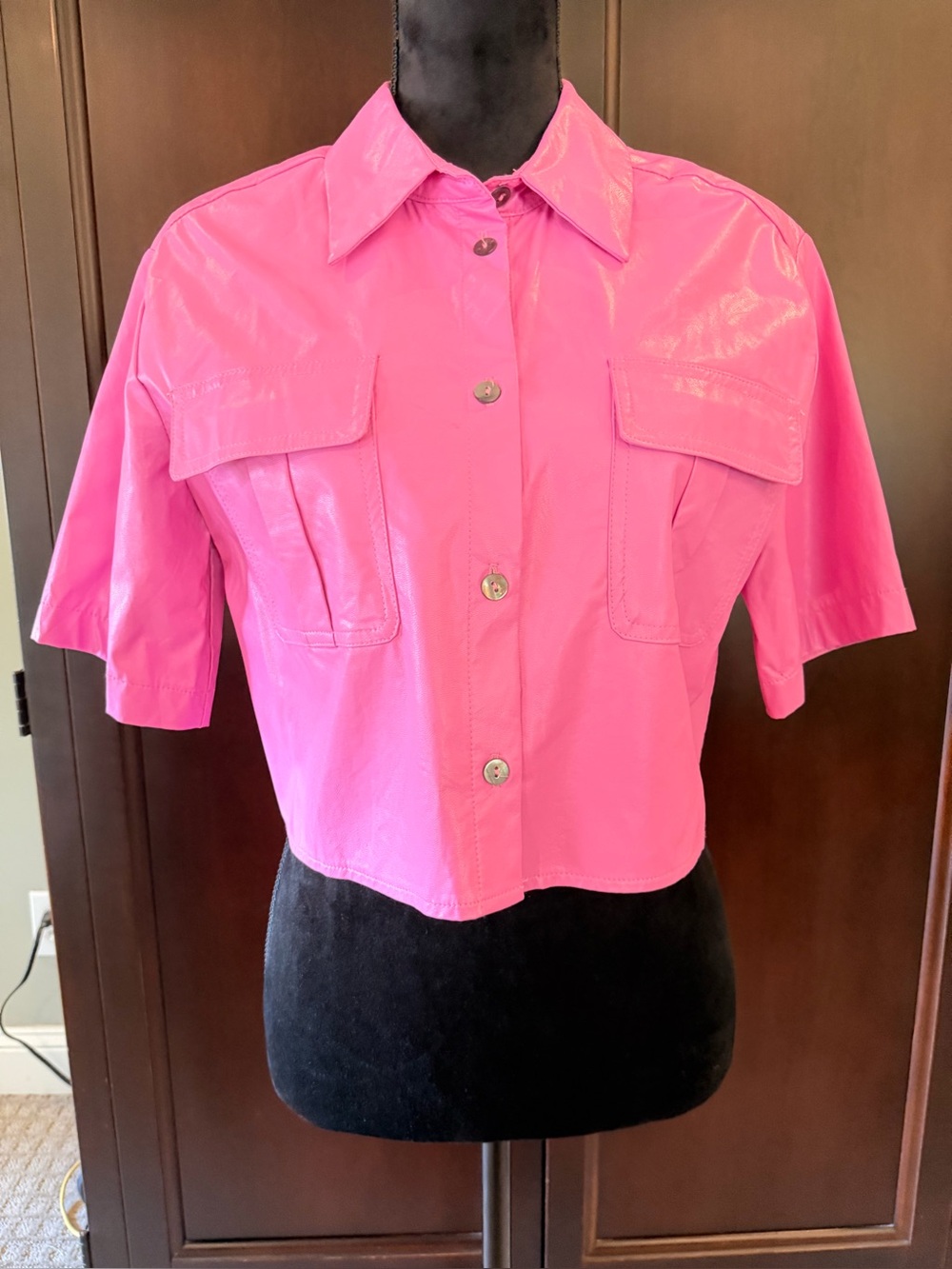 Womens Pink Short-Sleeve Button Front Shirt